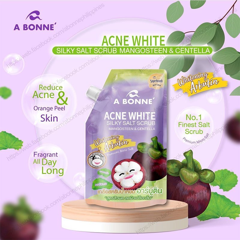Acne-White-Silky-Salt-Scrub-1-1.jpg A Bonne Acne White Silky Salt Scrub Mangosteen & Centella, Whitening Arbutin Treat Acne Reduce Redness Melanin (350 g)