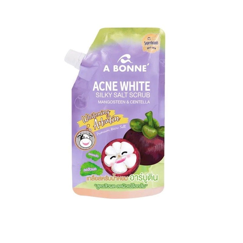 Acne-White-Silky-Salt-Scrub-1.jpg A Bonne Acne White Silky Salt Scrub Mangosteen & Centella, Whitening Arbutin Treat Acne Reduce Redness Melanin (350 g)