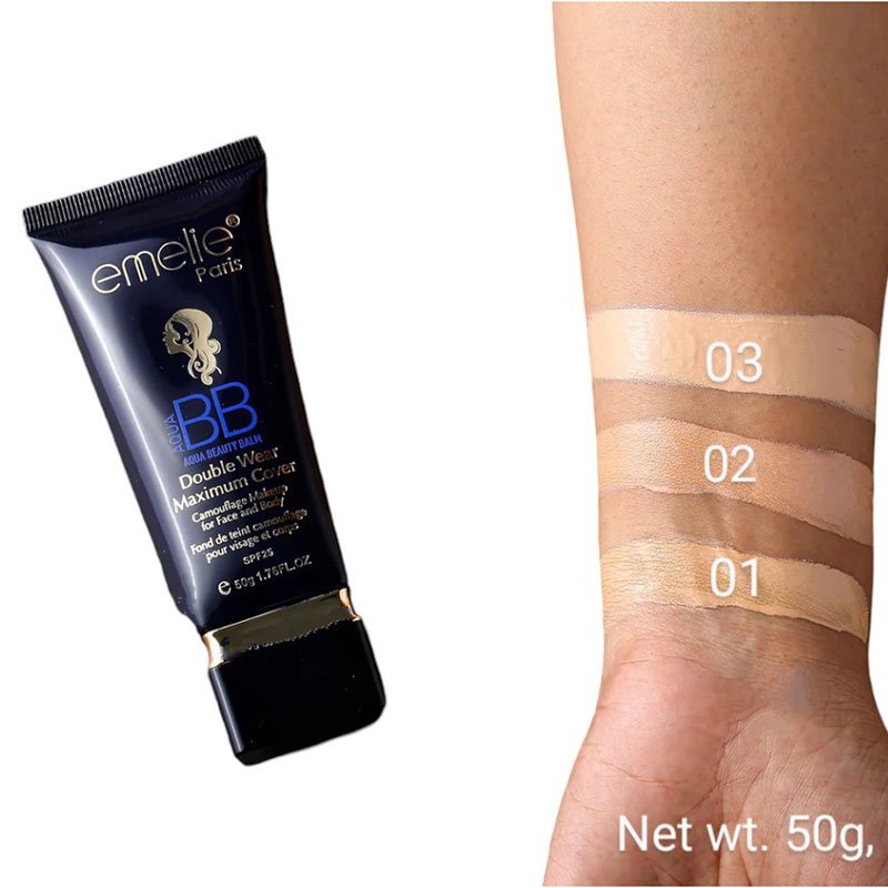 Emelie Aqua Beauty Balm Cream Double Wear Maximum Cover SPF25 Foundation Tube