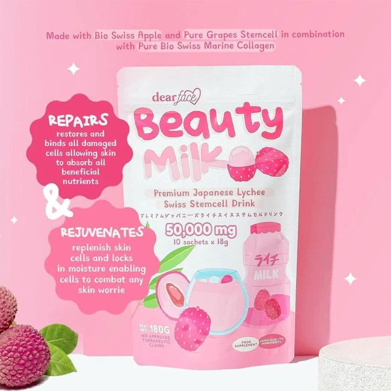 Dear Face Beauty Milk Premium Japanese Lychee Swiss Stemcell  Drink (10 sachets x 18g)