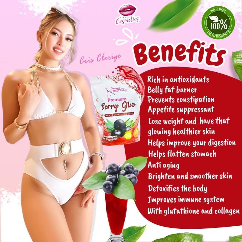 Glowming Shape Detox Premium Berry Glow Acai Berry Juice Drink with Glutathione & Collagen 10 Sachets x 20g