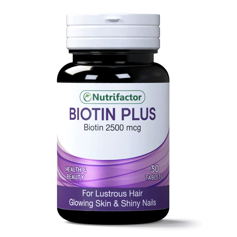 Biotin-Plus.gif Nutrifactor Biotin Plus 2500 mcg For Lustrous Hair Glowing Skin & Shiny Nails 30 Tablets
