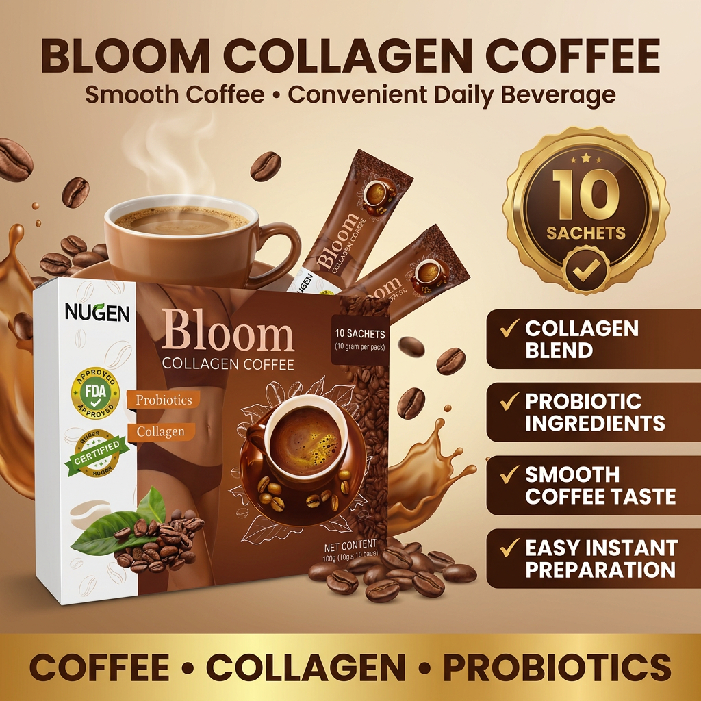 NUGEN Bloom Collagen Coffee – Instant Coffee Mix with Collagen & Probiotic Ingredients | 10 Sachets