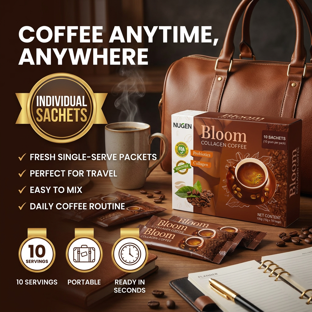 NUGEN Bloom Collagen Coffee – Instant Coffee Mix with Collagen & Probiotic Ingredients | 10 Sachets