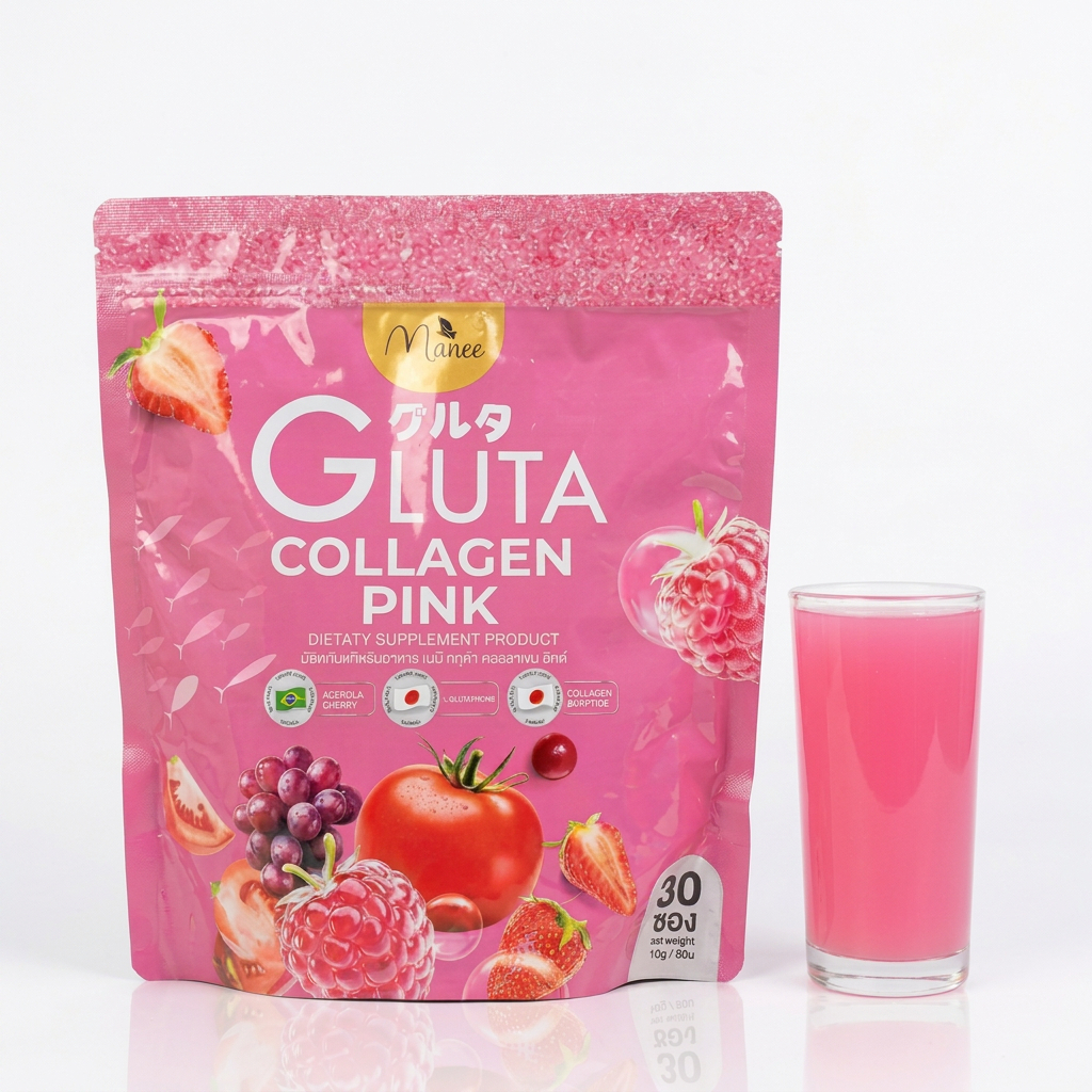 Manee Gluta Collagen Pink Drink Powder | 30 Sachets (10g Each) | Collagen & Antioxidant Blend | Berry Flavor Dietary Supplement