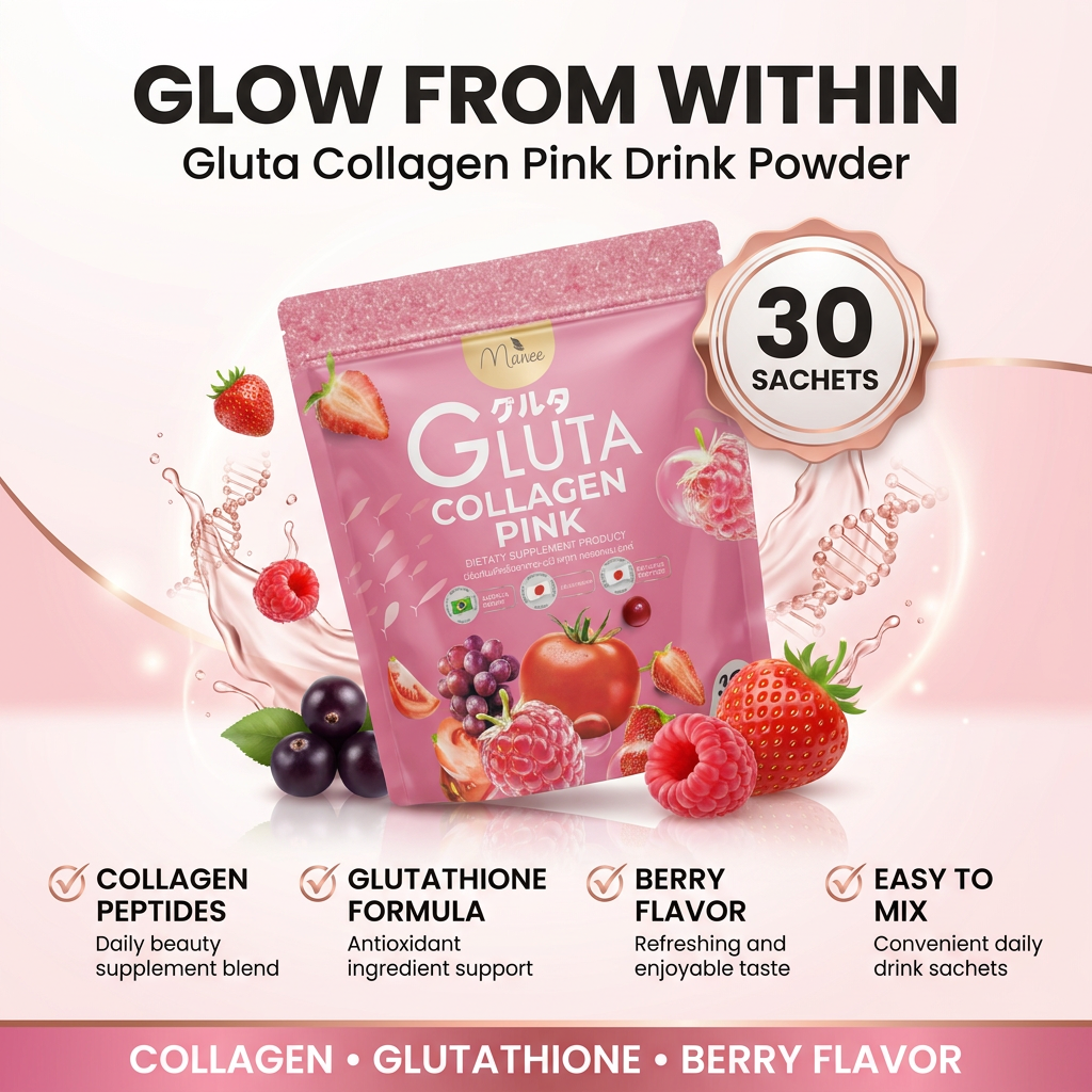 Gluta Collagen Pink Drink 02 Manee Gluta Collagen Pink Drink Powder | 30 Sachets (10g Each) | Collagen & Antioxidant Blend | Berry Flavor Dietary Supplement
