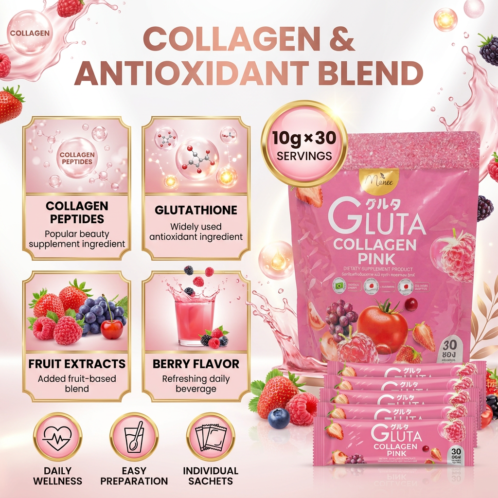 Gluta Collagen Pink Drink 03 Manee Gluta Collagen Pink Drink Powder | 30 Sachets (10g Each) | Collagen & Antioxidant Blend | Berry Flavor Dietary Supplement