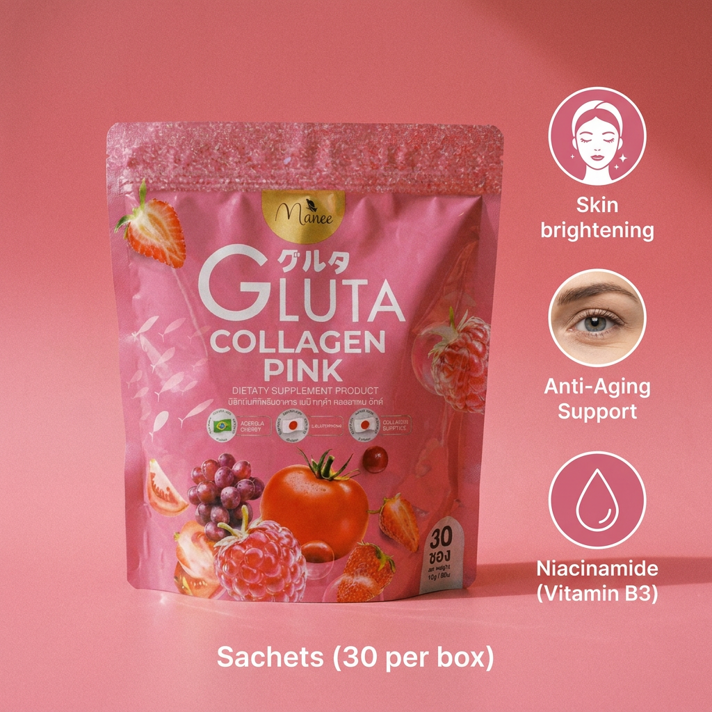 Gluta Collagen Pink Drink 05 Manee Gluta Collagen Pink Drink Powder | 30 Sachets (10g Each) | Collagen & Antioxidant Blend | Berry Flavor Dietary Supplement