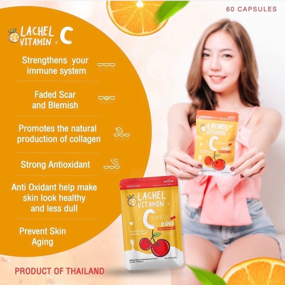 Lachel Vitamin C 2 in1 60 Capsules Product of Made in Thailand
