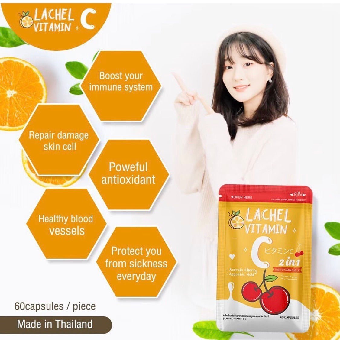 Lachel Vitamin C 2 in1 60 Capsules Product of Made in Thailand