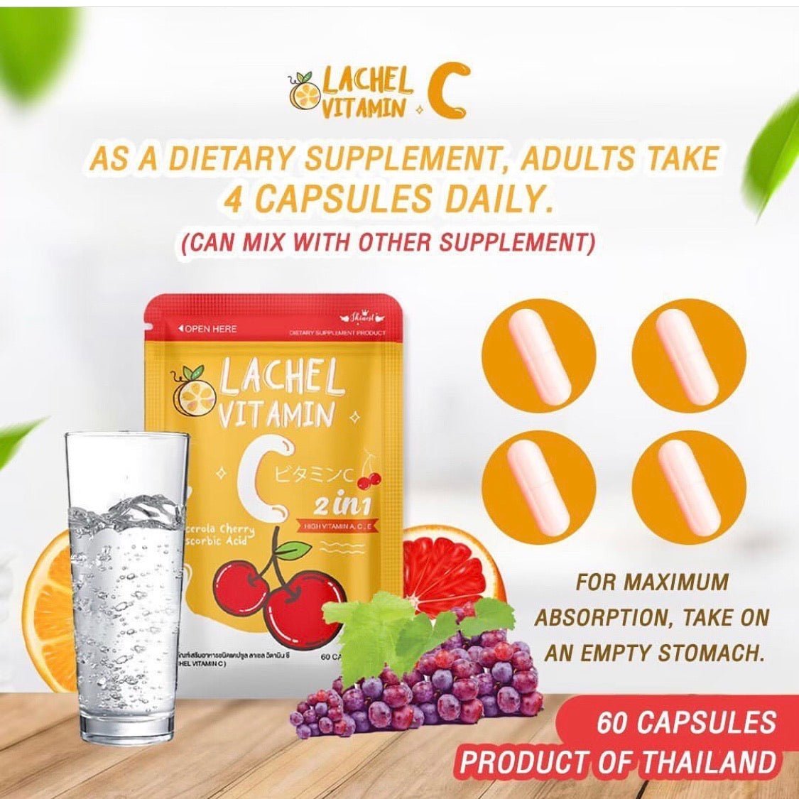Lachel Vitamin C 2 in1 60 Capsules Product of Made in Thailand