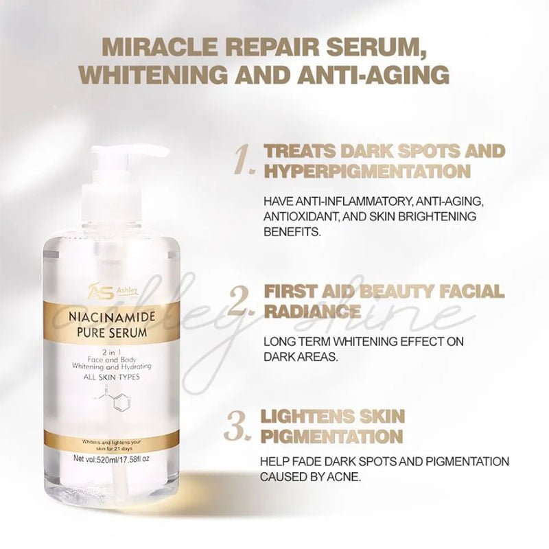 Niacinamide-Pure-Serum-2.jpg Ashley Shine Niacinamide Pure Serum 2 in 1 Face & Body Whitening and Hydrating Skin 520ml