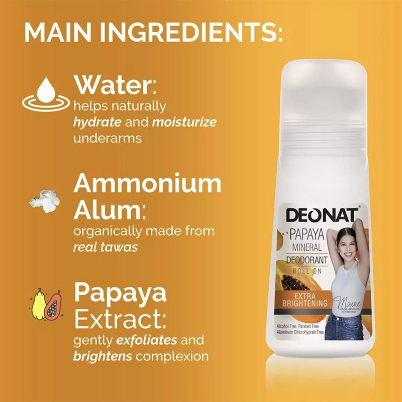 Deonat Papaya Mineral Deodorant Roll On Extra Brightening Tawas 65ml Product of Thailand