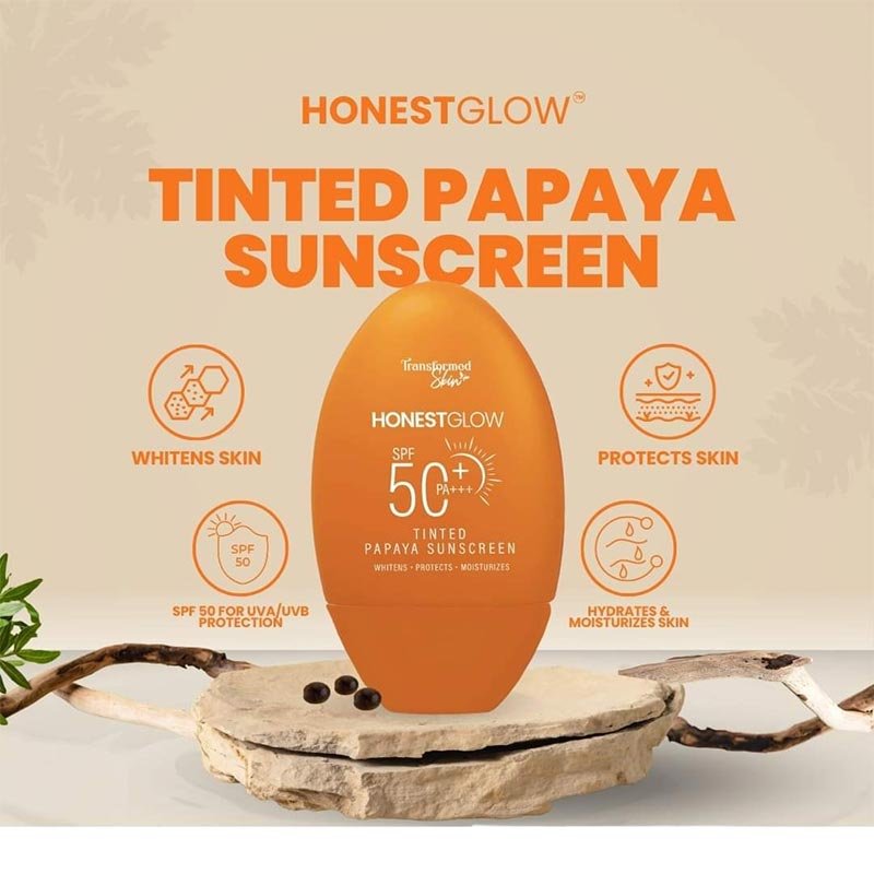 Tinted-Sunscreen-1-2.jpg Transformed Skin Honest Glow Tinted Papaya Sunscreen SPF-50 + PA+++