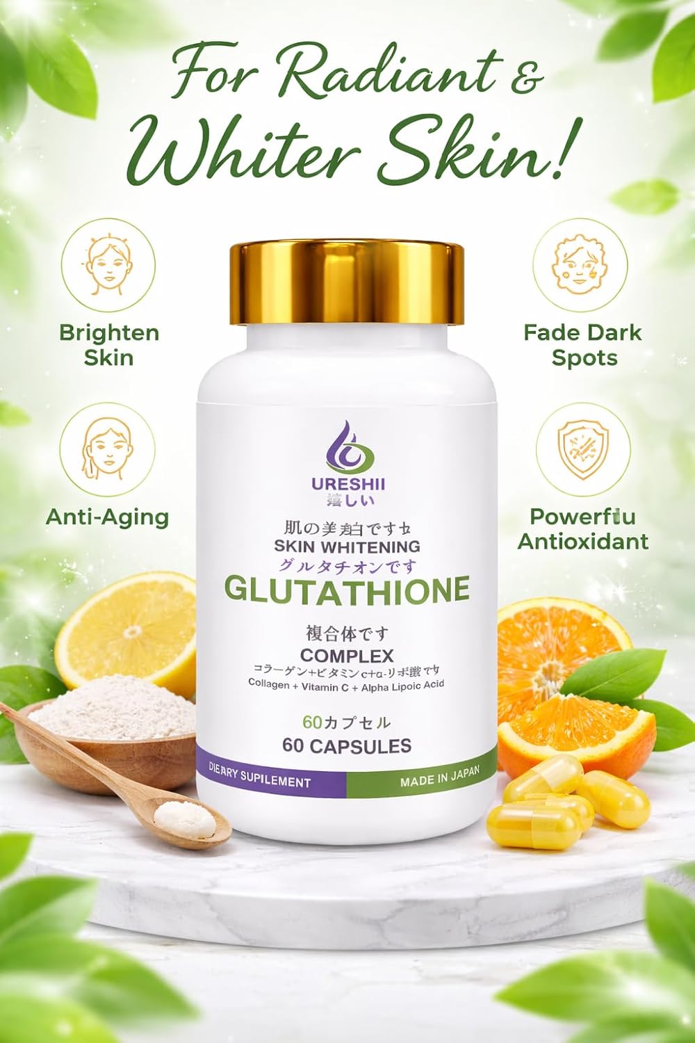 Ureshii Glutathione Complex Capsules 03 Ureshii Glutathione Complex Capsules-Dietary Supplement | 60 Capsules | Glutathione, Vitamin C, Collagen & Alpha Lipoic Acid | Made in Japan