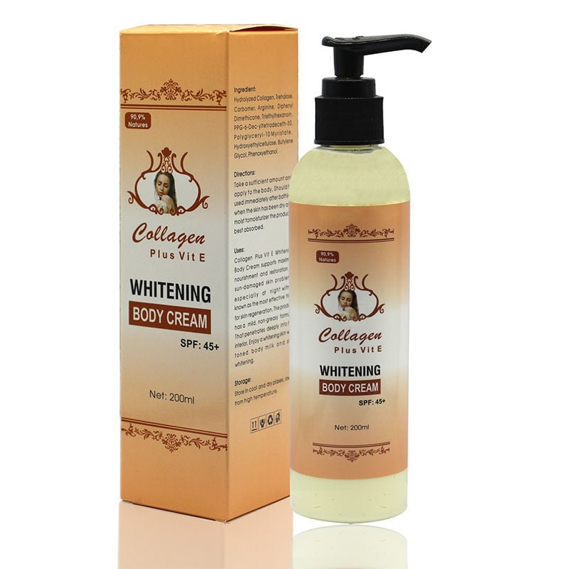 Whitening-Body-Cream.jpg Collagen Plus Vit E Whitening Body Cream SPF 45+ – 200ml Made in Indonesia