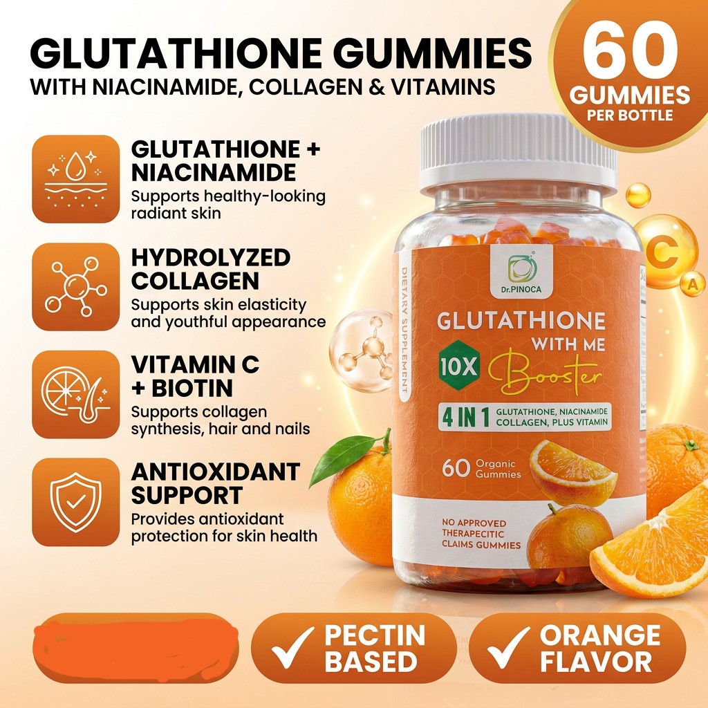Dr. PINOCA Glutathione Gummies with Niacinamide, Collagen & Vitamins | 60 Gummies