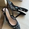 Embroidered Pointed Slingback Heels - Black Embroidered Pointed Slingback Heels - Black