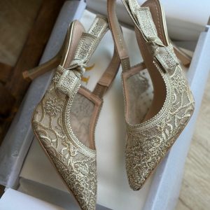 Embroidered Pointed Slingback Heels - Cream