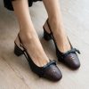 Bow Cap-Toe Block Heels - Black / Burgundy