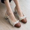 Bow Cap-Toe Block Heels - Cream / Tan