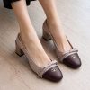 Bow Cap-Toe Block Heels - Taupe / Burgundy