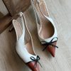 Bow Pointed Slingback Heels - Cream / Tan