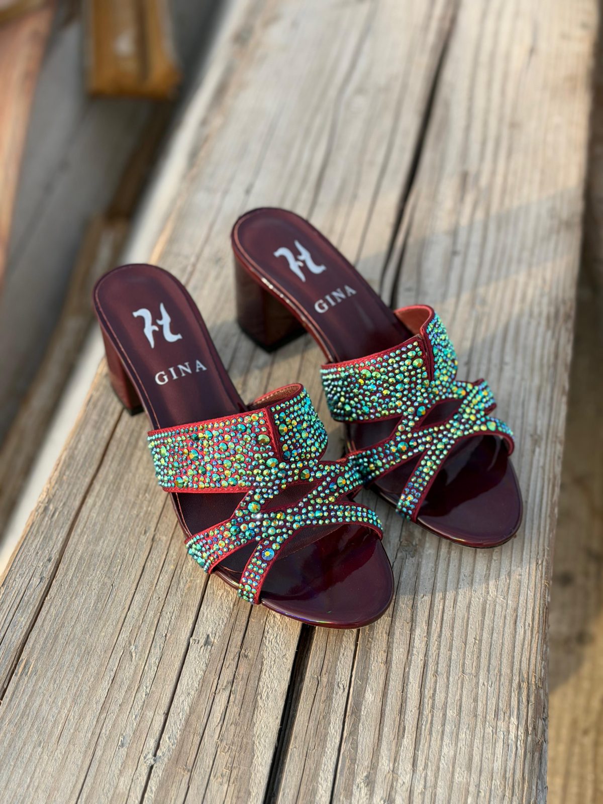 Crystal Buckle Slides - Burgundy