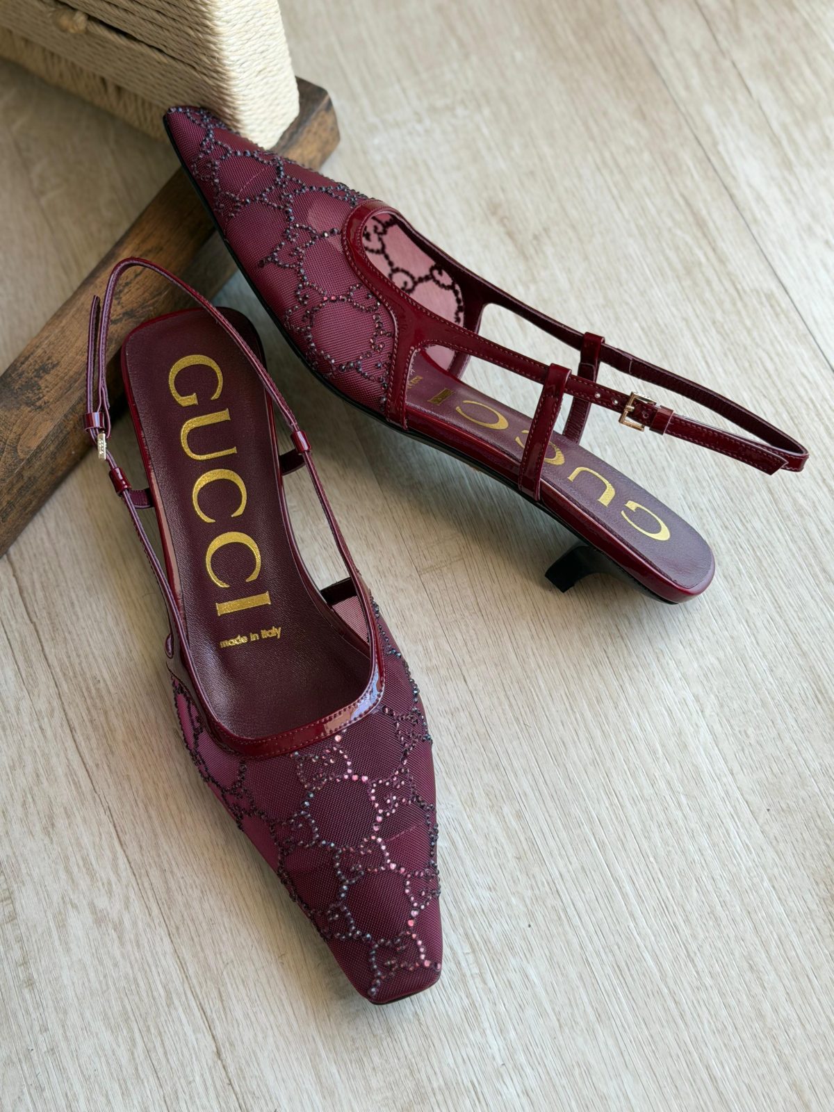 Patterned Slingback Heels - Burgundy