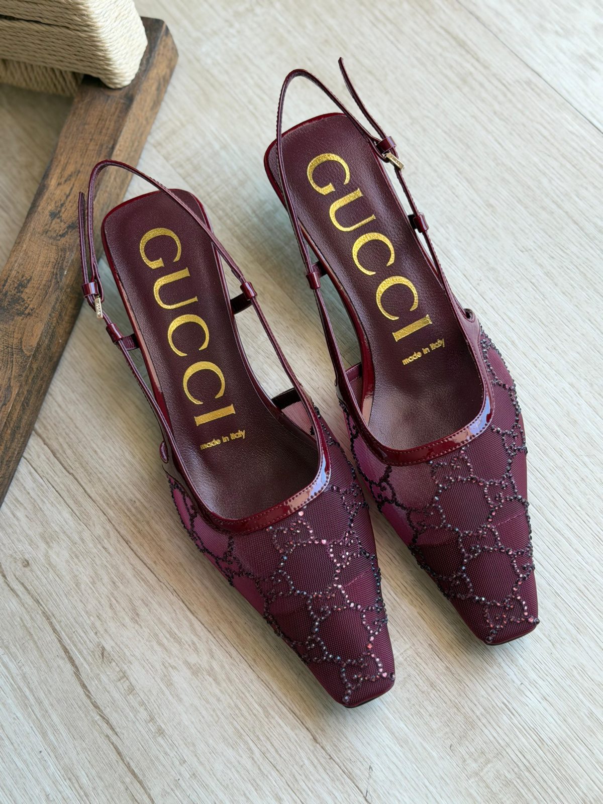 Patterned Slingback Heels - Burgundy