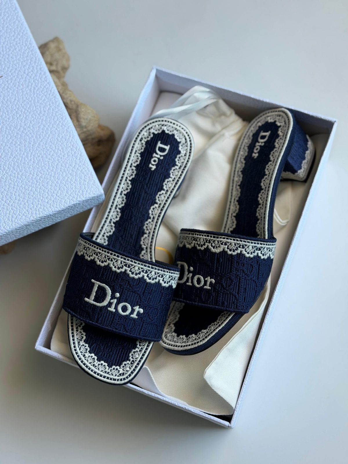 Embroidered Flat Slides - Navy