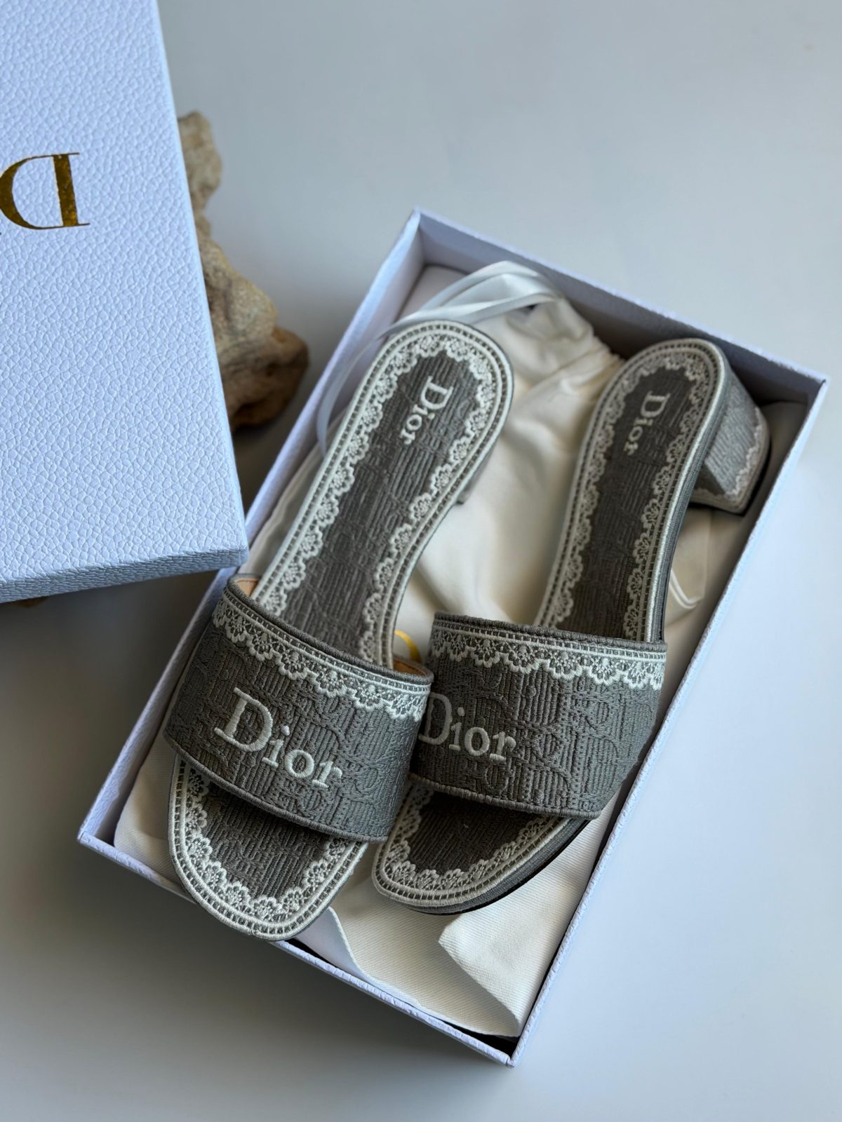 Embroidered Flat Slides - Grey