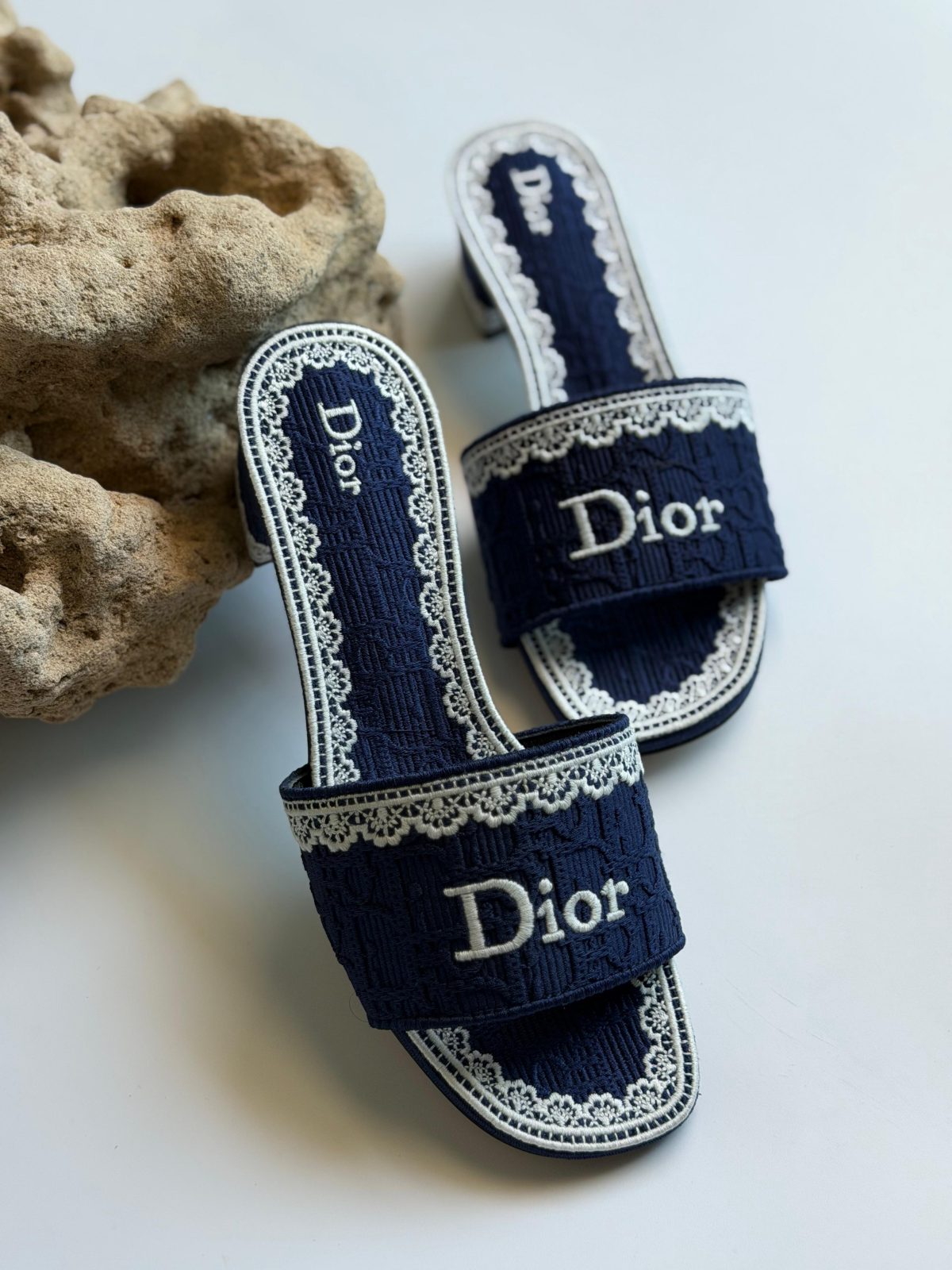 Embroidered Flat Slides - Navy