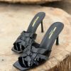 Woven-Strap Heeled Mules - Glossy Black Woven-Strap Heeled Mules - Glossy Black