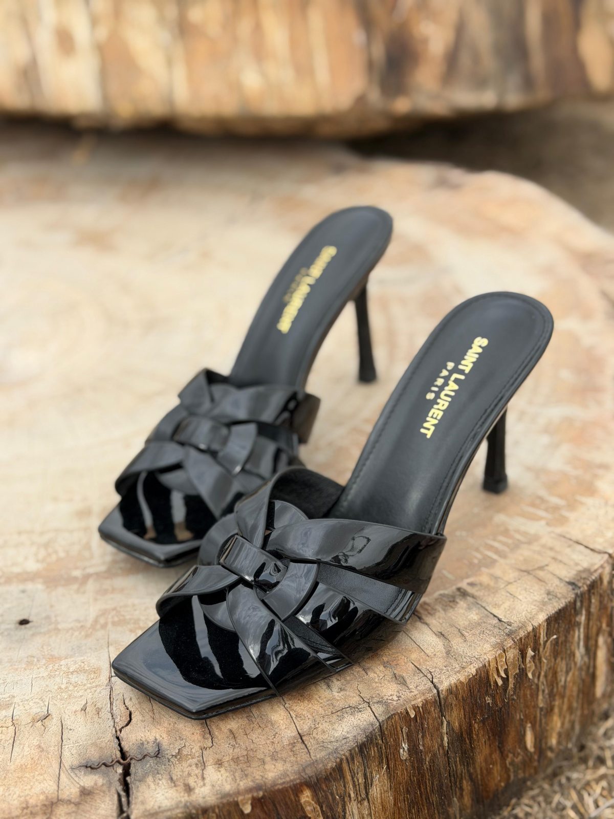 Woven-Strap Heeled Mules - Glossy Black Woven-Strap Heeled Mules - Glossy Black