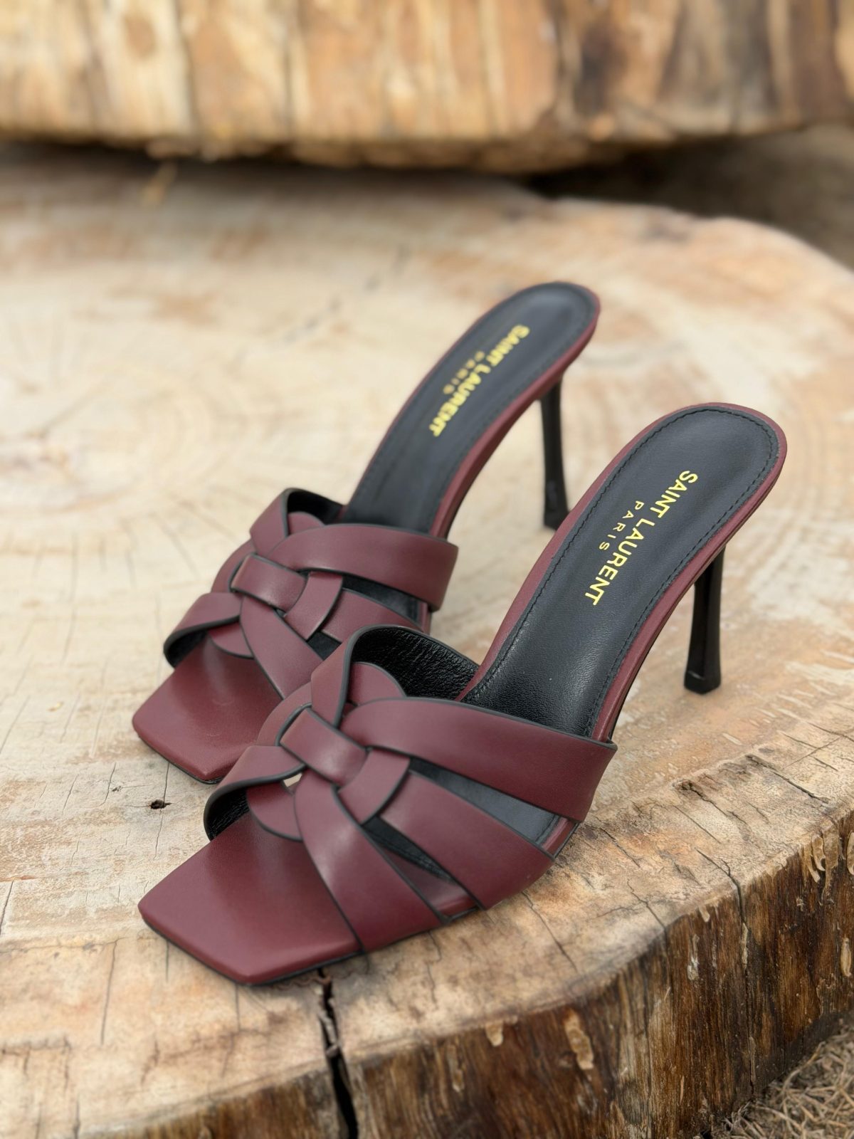 Woven-Strap Heeled Mules - Matte Burgundy Woven-Strap Heeled Mules - Matte Burgundy