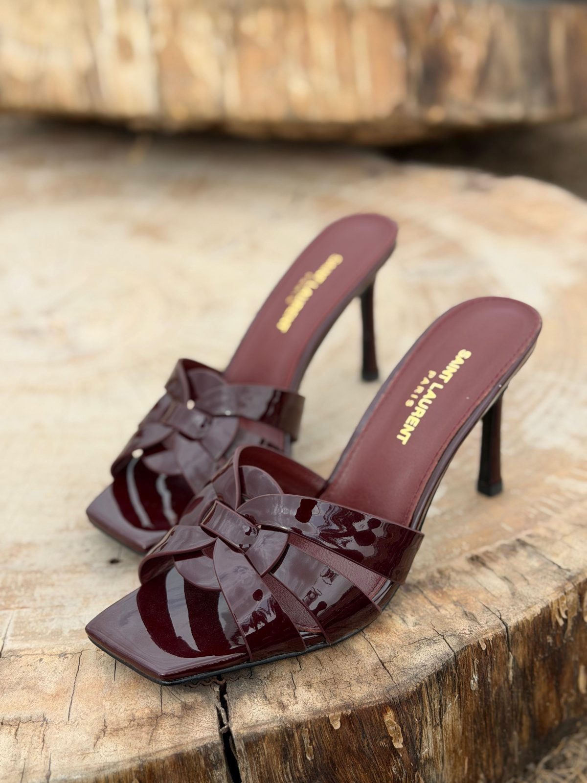 Woven-Strap Heeled Mules - Glossy Burgundy Woven-Strap Heeled Mules - Glossy Burgundy