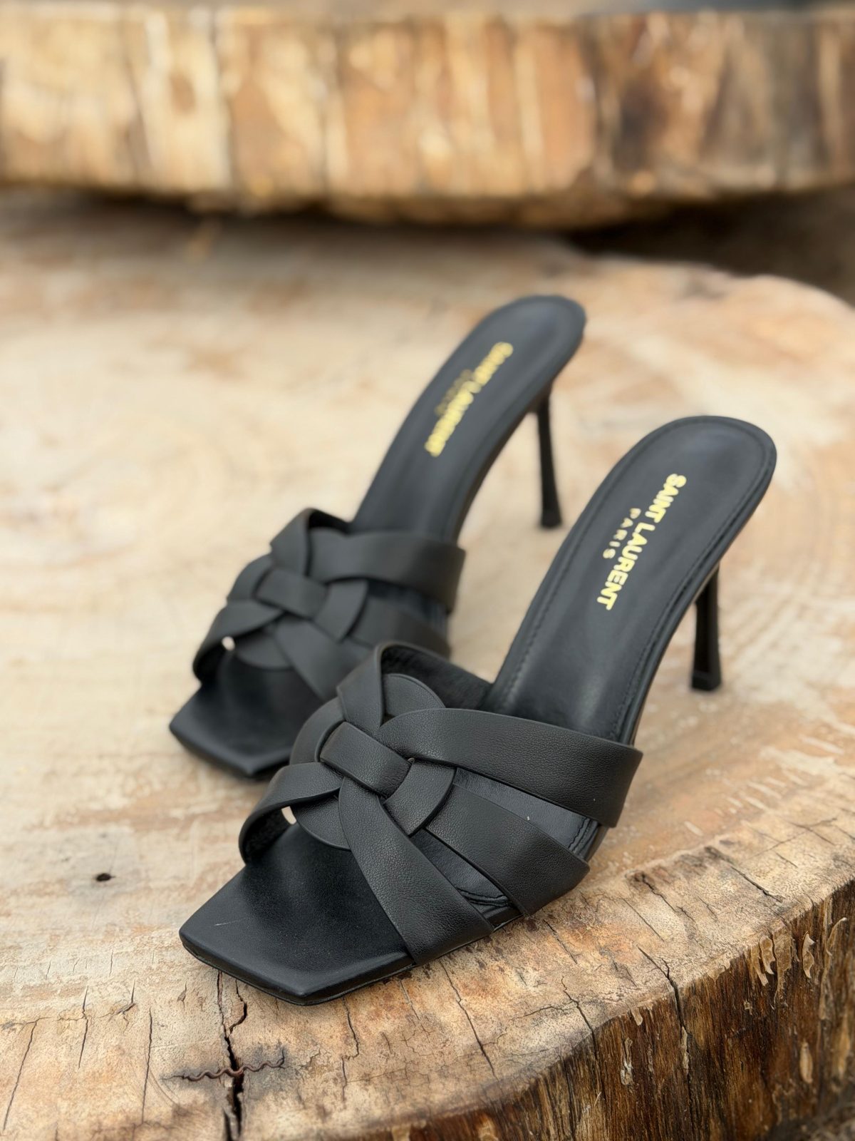 Woven-Strap Heeled Mules - Matte Black Woven-Strap Heeled Mules - Matte Black