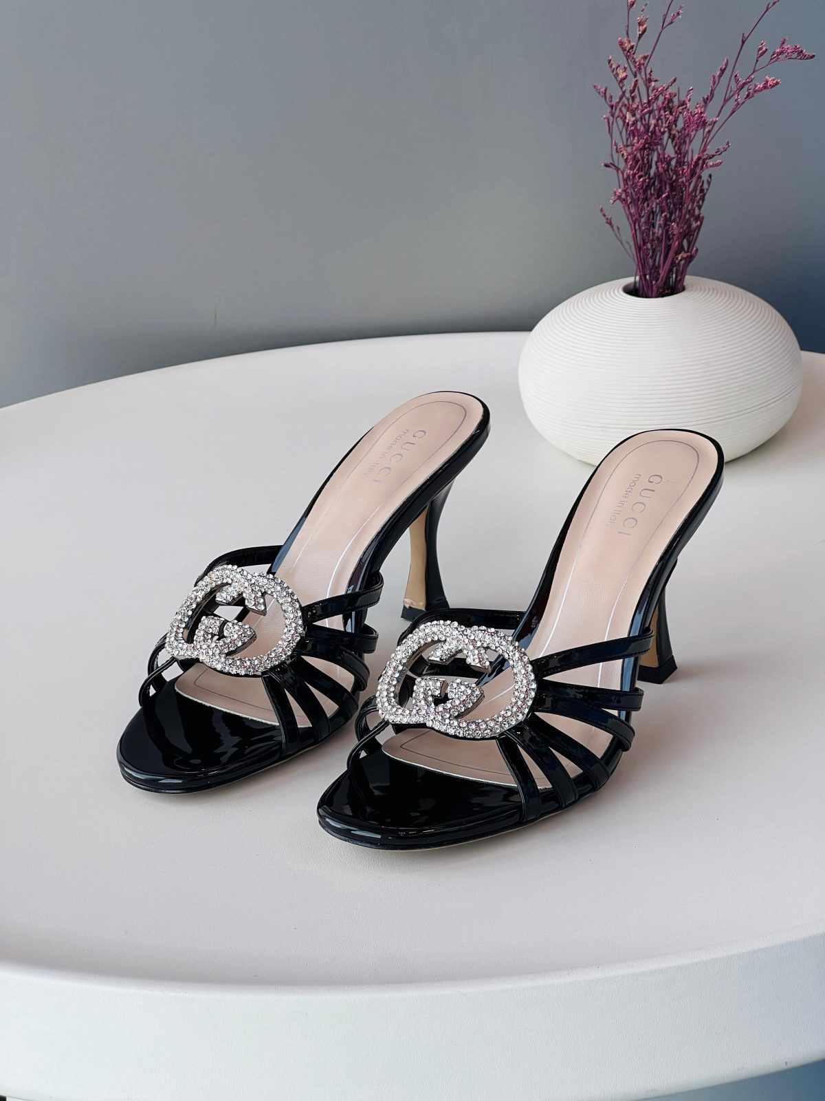 Crystal Double-Buckle Mules - Black