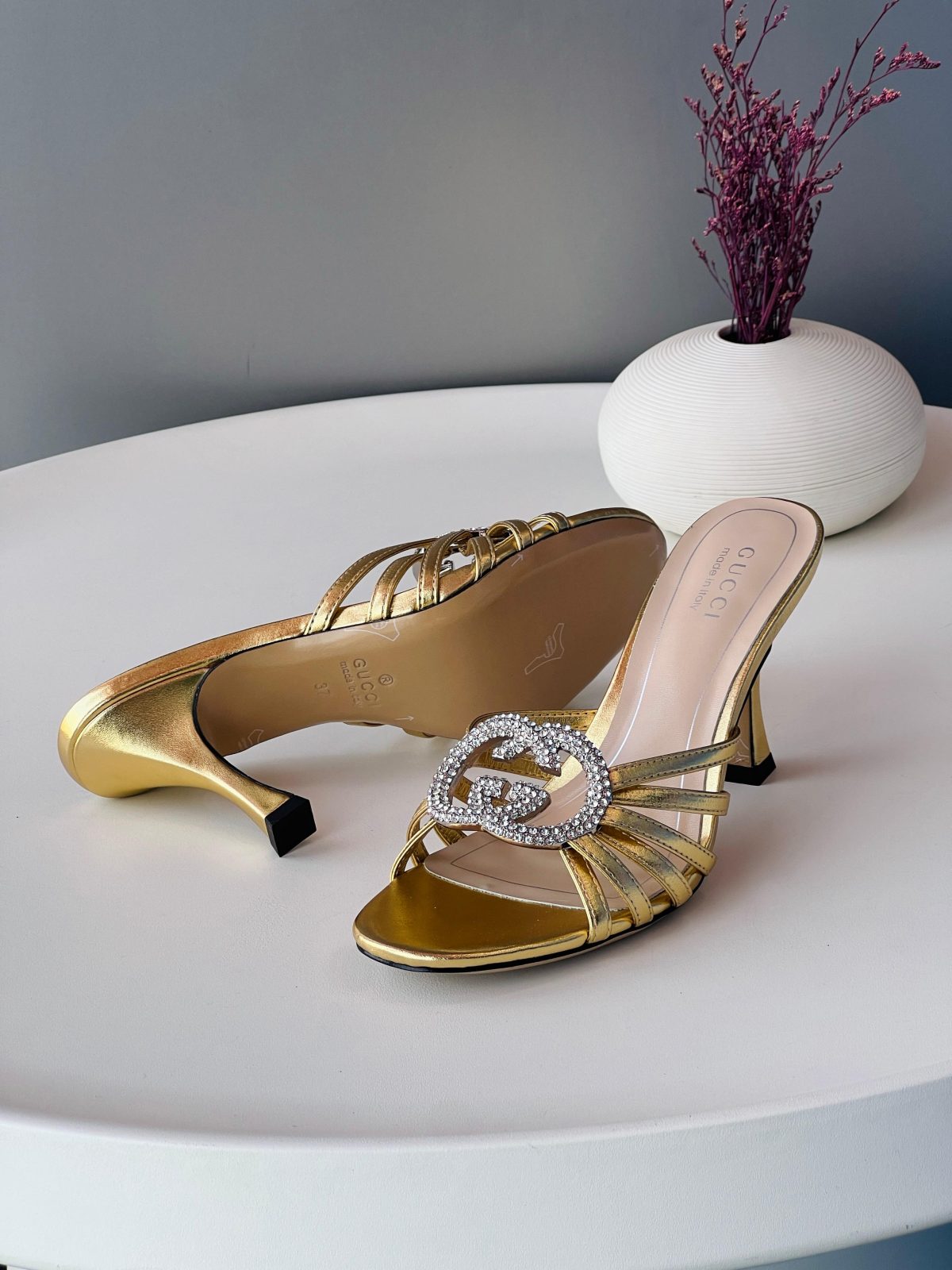 Crystal Double-Buckle Mules - Gold